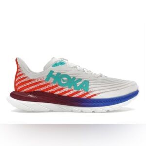 Hoka White Running Shoe with Teal Logo and Red Stripe Accents